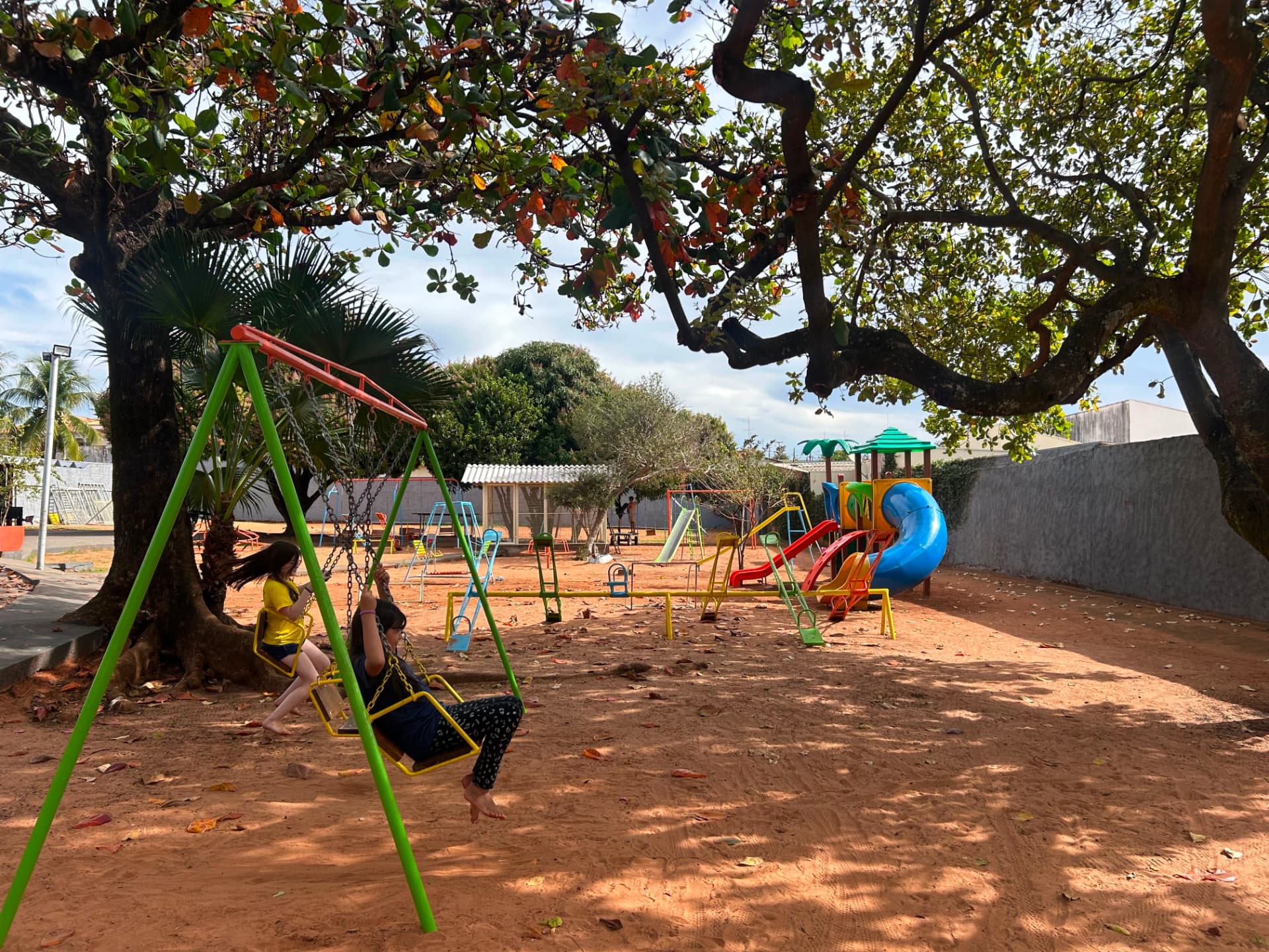 Crianças brincando nos balanços sob uma árvore grande no espaço externo da Talsce.